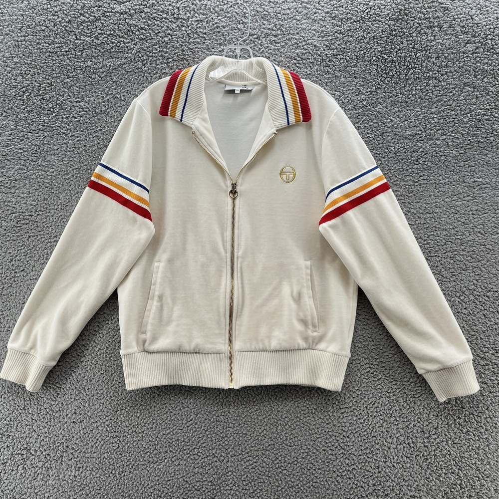 Sergio Tacchini Track Jacket Men Small Cream Color Stripe Velour Full Zip Tennis